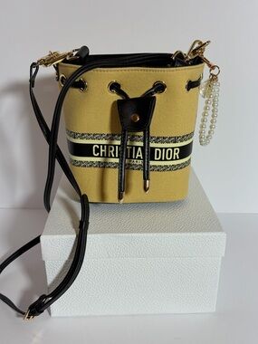 Dior Canvas Bucket Crossbody with Black Trim & Pearl Charm VIP GIFT
